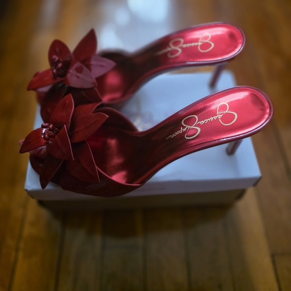 Jessica Simpson Red Satin Floral Slip-On Heels - Picture 7 of 7